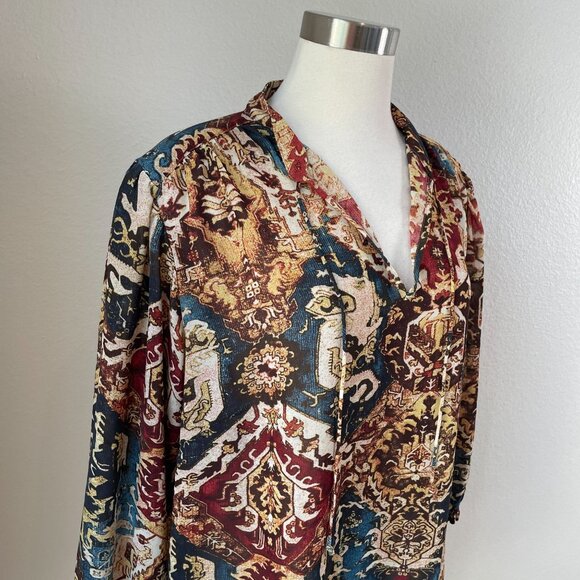 Chaps Denim Womens Plus 2X Boho 3/4 Sleeve Tunic Top Front Tie Neck Blouse - Picture 2 of 10